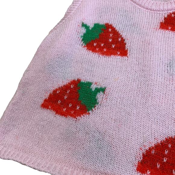 Strawberry Print Baby Pink Cropped Knit Jumper Tank Top Large - Picture 3 of 5